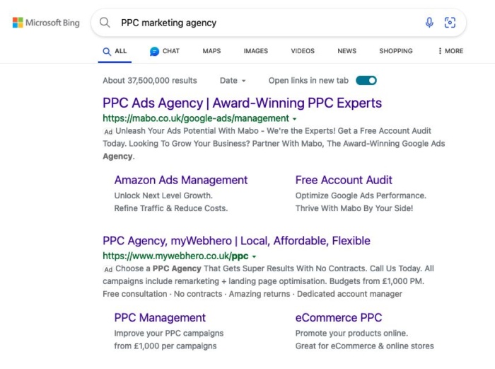 Example of Bing ads. 