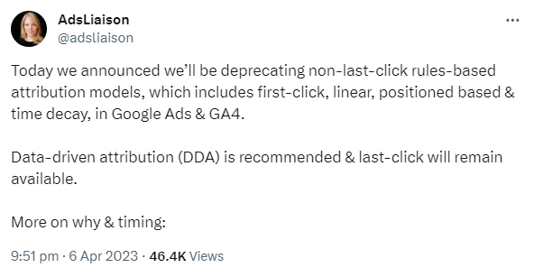 Post on X from Google Ads Product Liaison Ginny Martin, explaining the removal of attribution models from Google products
