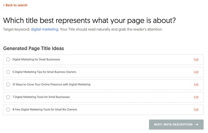 A list of potential titles from Ubersuggest's AI writing tool.