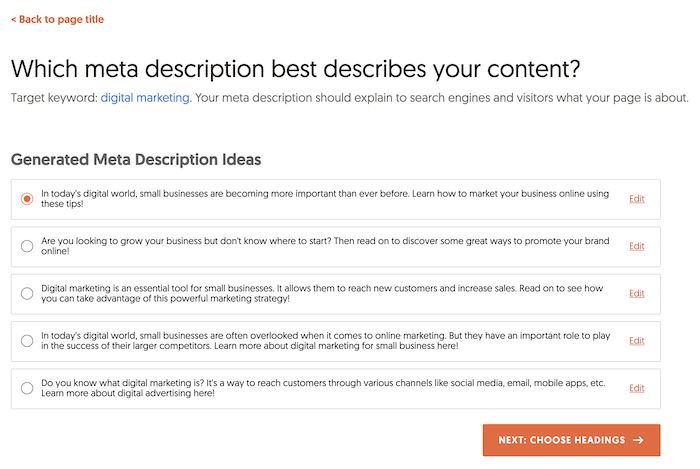 Meta description selector in AI Writer