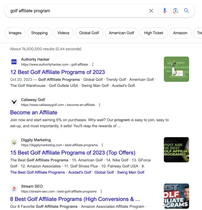 A list of golf affiliate programs in Google.