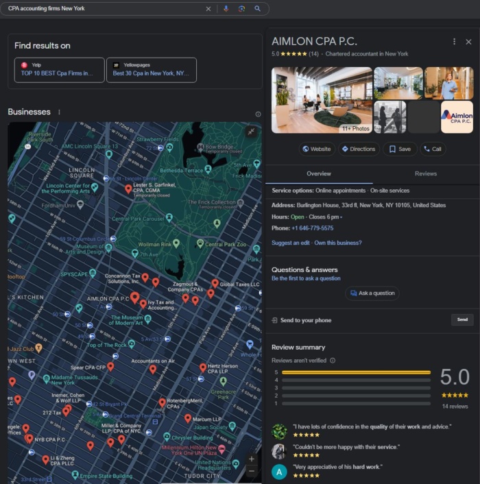 Local search results in Google “CPA accounting firms New York” showing GMB profile screenshot marketing for accountants