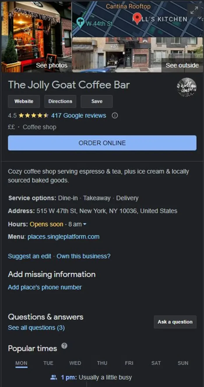 A Google listing for the The Jolly Goat Coffee Bar.