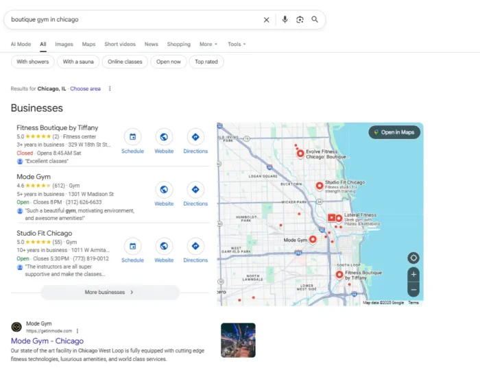 Google results for Boutique Gym in Chicago.