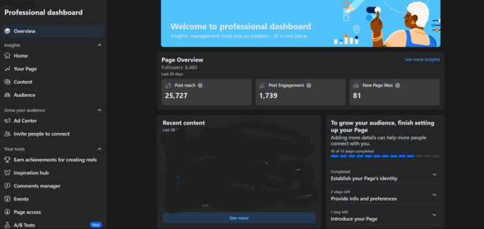 Another view of the Facebook page insights dashboard.