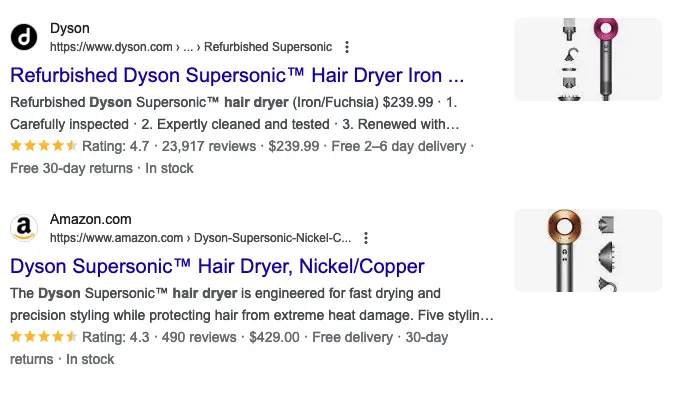 Reviews in Google search results.