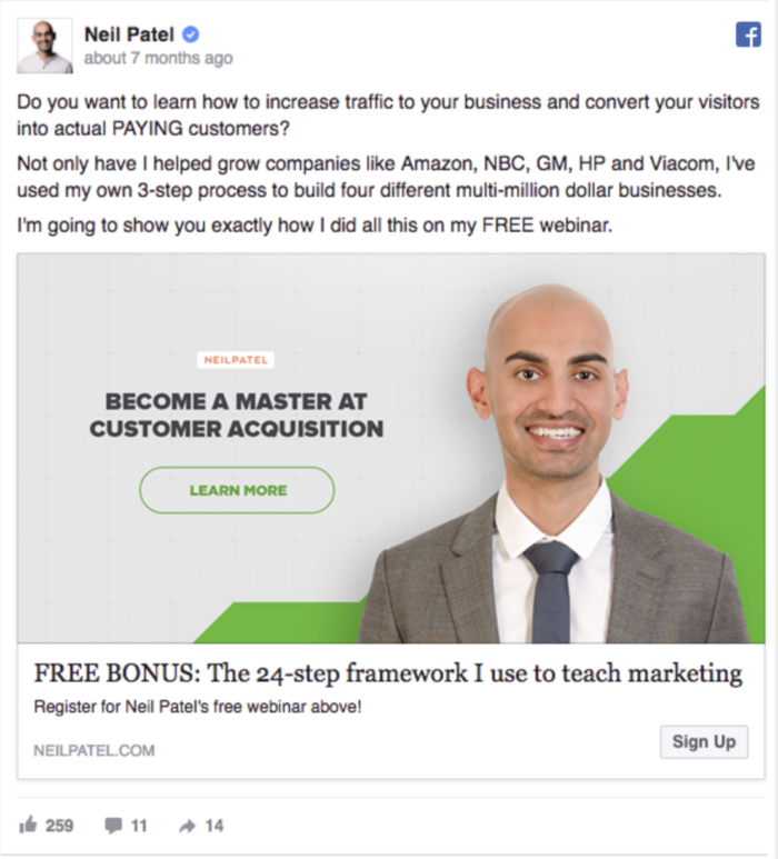 Une publicité Facebook de Neil Patel.
