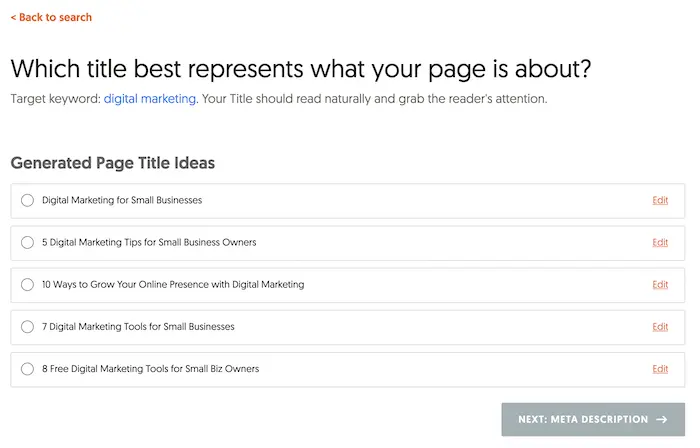 A list of potential titles from Ubersuggest's AI writing tool.