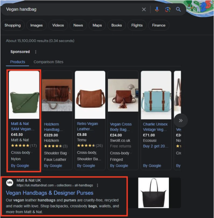 Illustration du SEM avec Matt and Nat Vegan handbag,  résultat de l’image SERP.