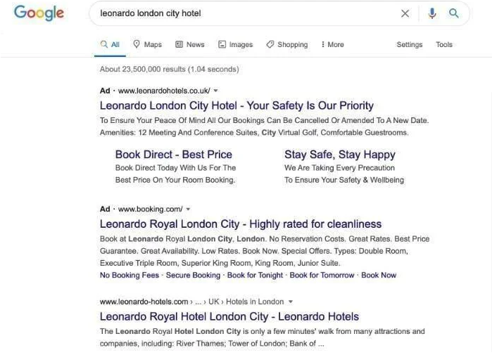 Résultats de recherche Google pour le mot-clé "leonardo london city hotel".