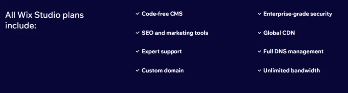 Items included in Wix Studio plans.