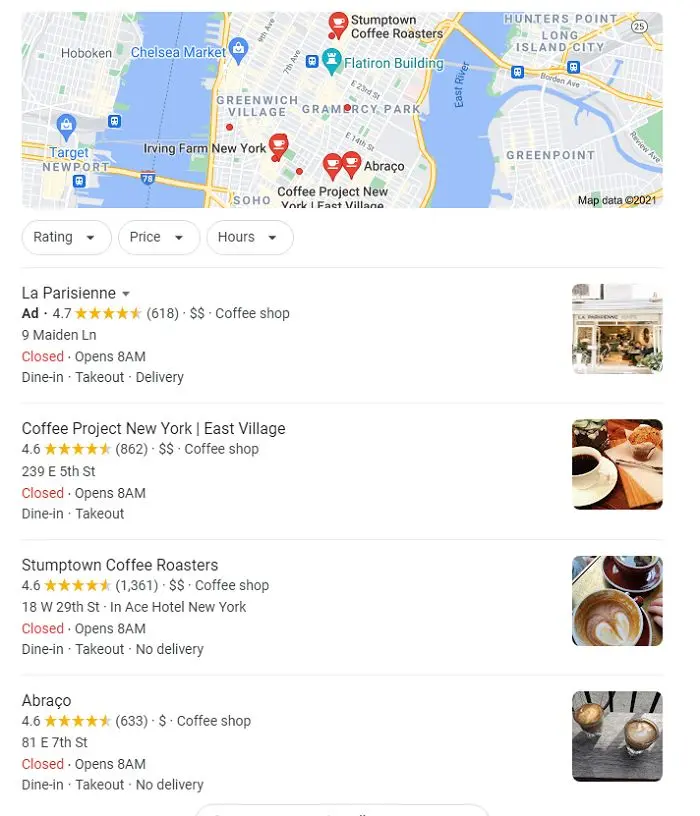 A google shop for coffee shops in New York.