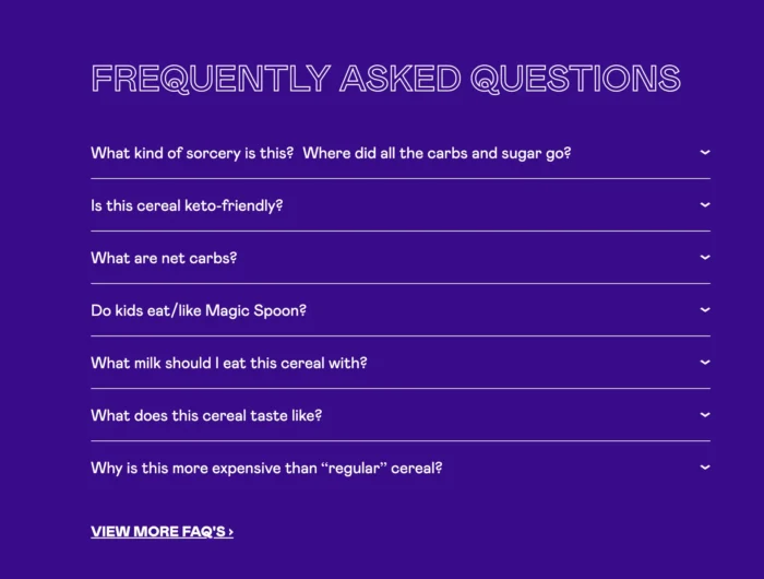 A FAQ page example from Magic Spoon.