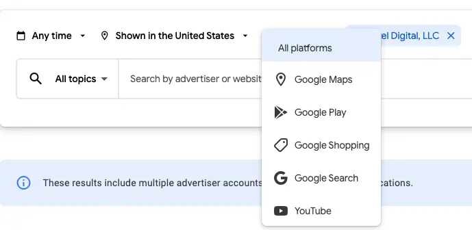 Google Ads Transparency Center on all platforms.