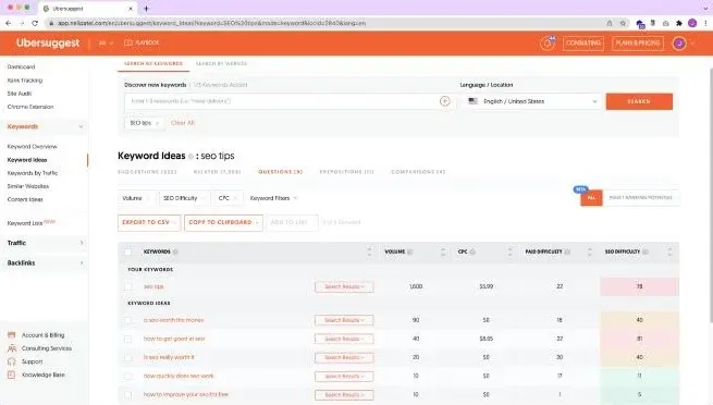Ubersuggest's keyword finder interface.