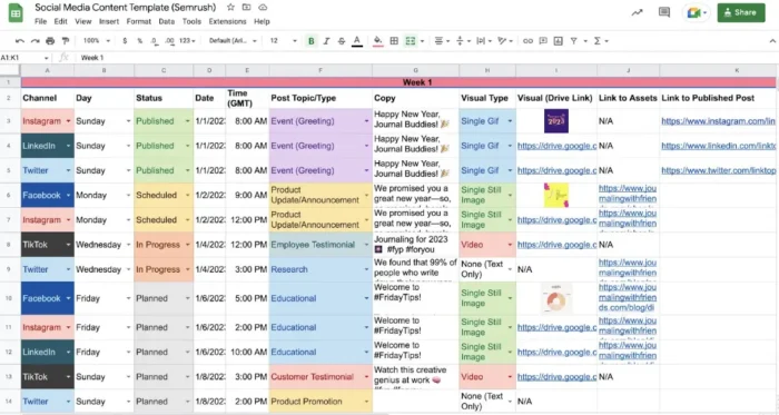 An example social media content calendar.