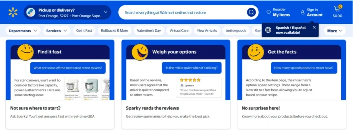 Walmart interface showing its AI shopping assistant answering product questions, comparing options, summarizing reviews, and guiding users toward checkout within a single on-platform experience. 