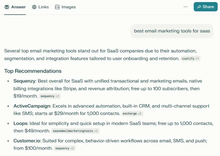 AI answer engine Perplexity showing summarized recommendations for ‘best email marketing tools for SaaS,’ with brands cited directly in the response instead of traditional search links. 