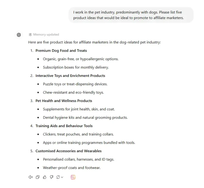 Example of an affiliate marketing prompt in ChatGPT