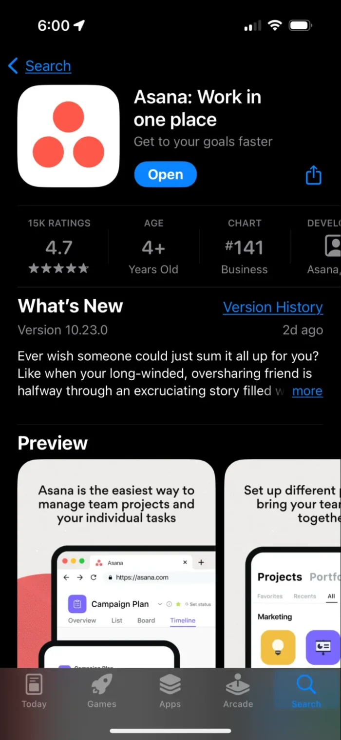 Asana's app store listing.