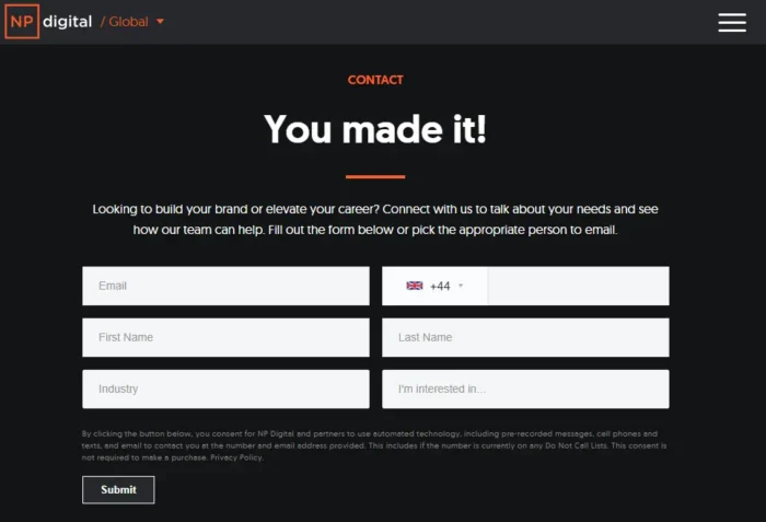 NP Digital's contact us page.