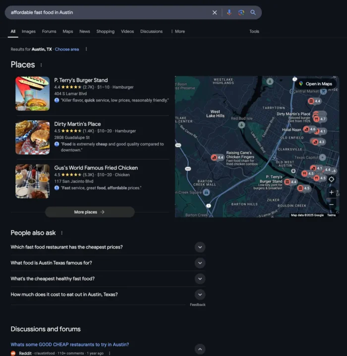 A search for affordable fast food in Austion.