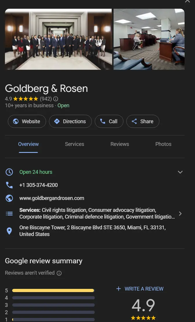 Goldberg and Rosen's Google Business Profile.