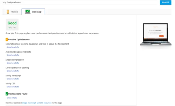 Google pagespeed insights.