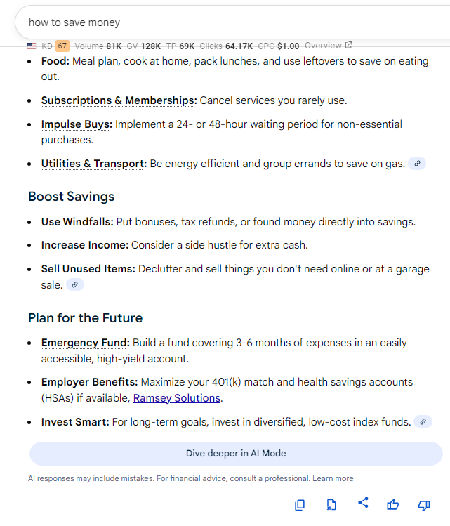 Diving deeper in a AI Mode result.