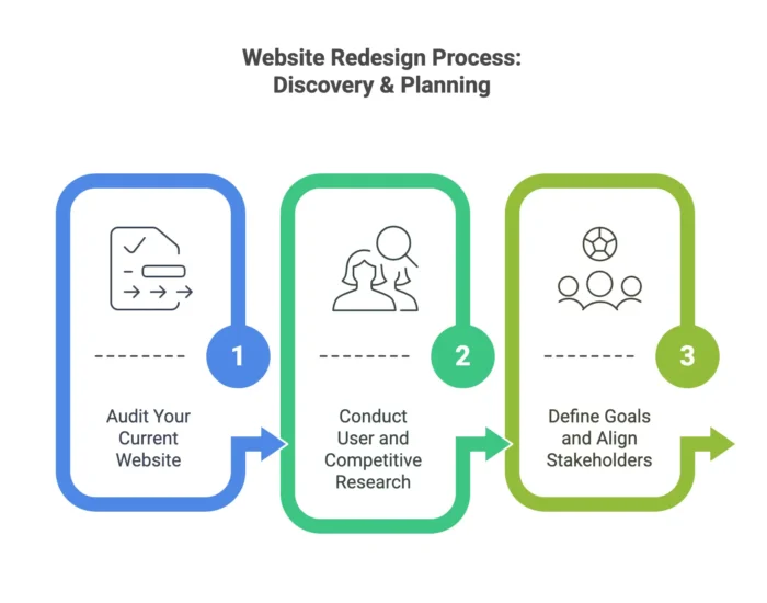 A graphic detailing discovery and planning portions of the website redesign process.