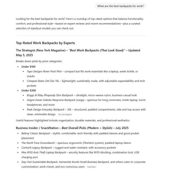 ChatGPT output for "What are the best backpacks for work?"