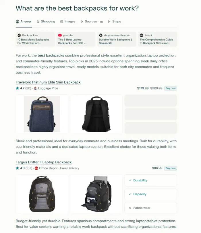 AI output for the query "what are the best backpacks for work?"