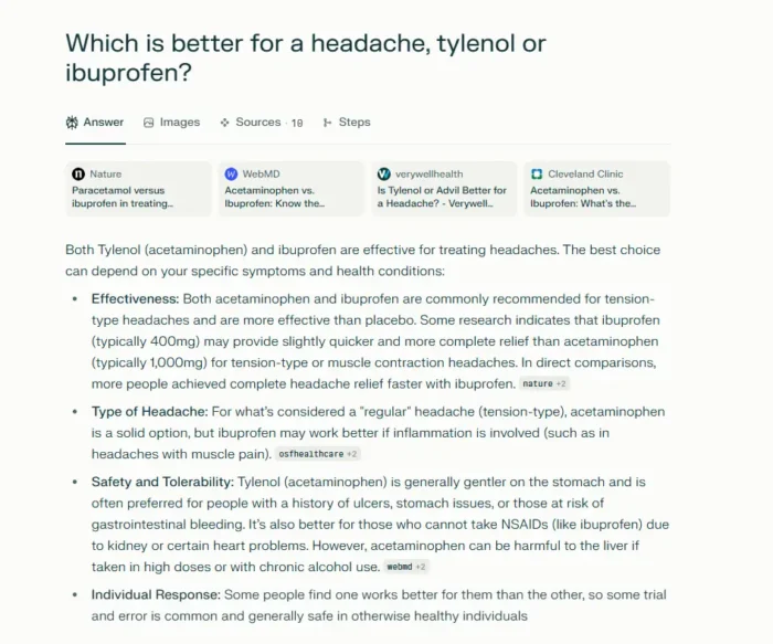 AI results for "Which is better for a headache, Tylenol or ibuprofen?