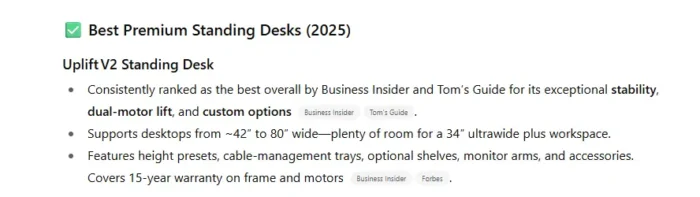 A ChatGPT response on premium standing desks.
