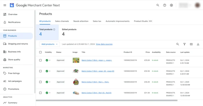Google Merchant Center's interface.