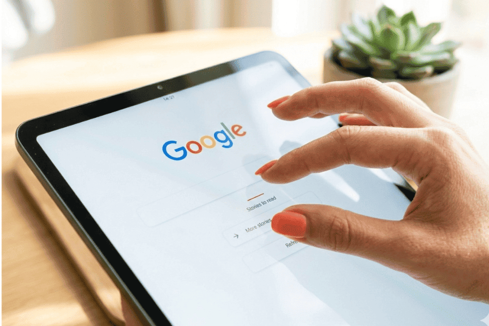 uma pessoas pesquisando algo no google com o tablet